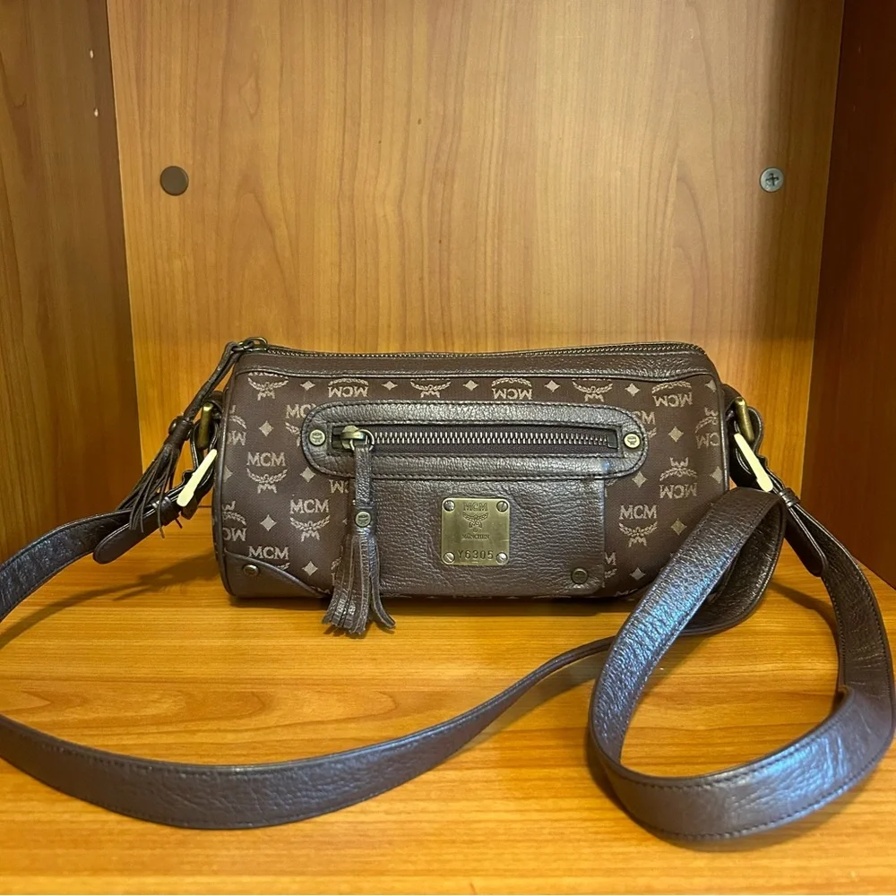 MCM 2way Cylinder/Papillon Crossbody/Shoulder Bag Brown